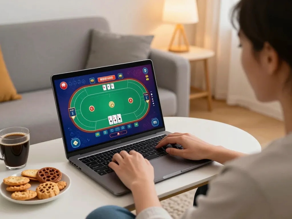 Play poker at home with luck8 on a laptop, showcasing vibrant gameplay.