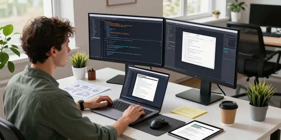 Engaged developer coding with 纸飞机中文版 on multiple screens in a modern tech workspace.