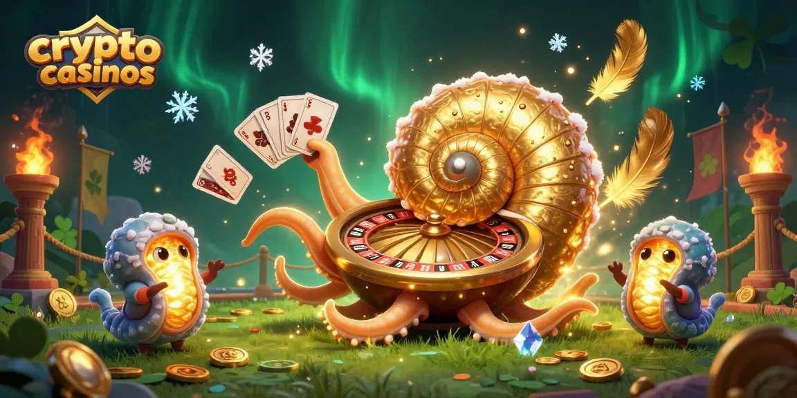 Découvrez les crypto casinos avec cette illustration dynamique qui illustre un casino moderne avec nautilus et jeux de cartes.