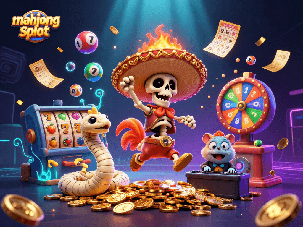 Mainkan mahjong slot dengan karakter unik dan elemen permainan dalam ilustrasi menarik.
