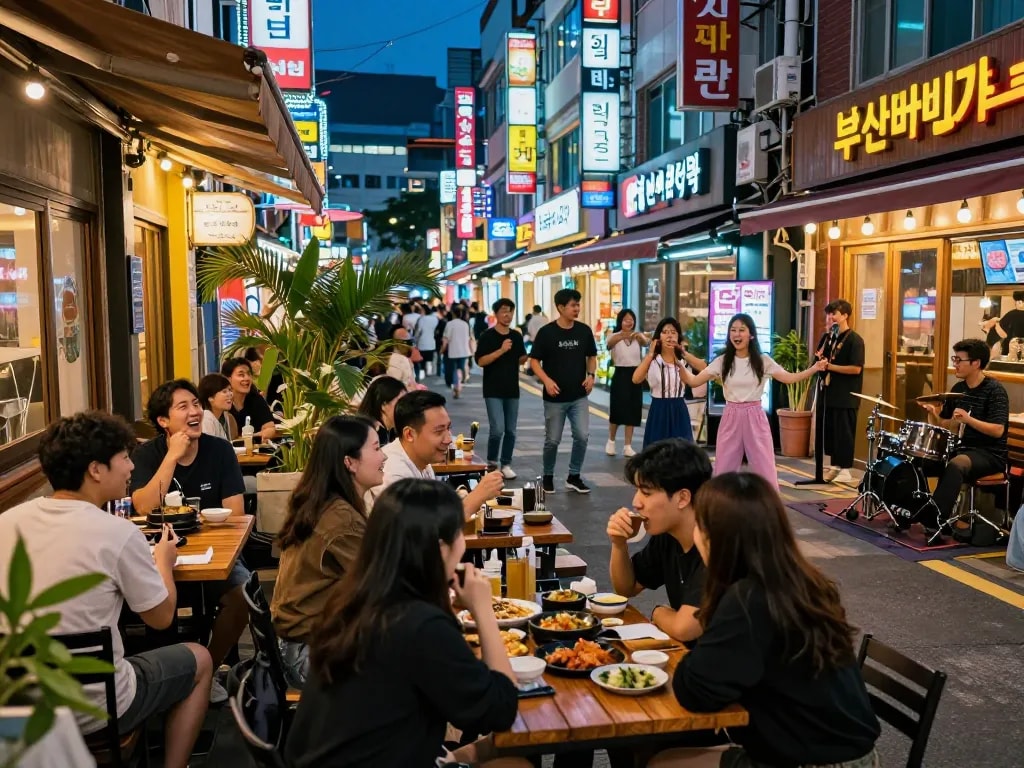 Experience 부산비비기 nightlife in a vibrant Busan street filled with lively entertainment and friends enjoying the evening.