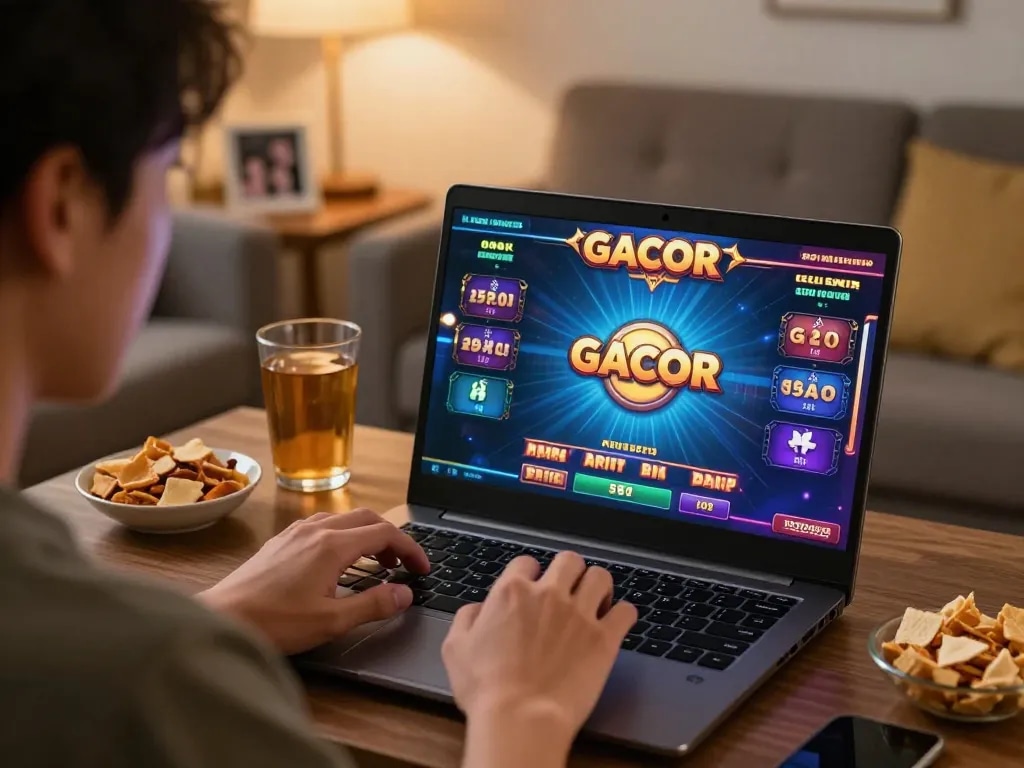 Engaging in slot gacor gameplay during a cozy home evening, with colorful game visuals on the screen.