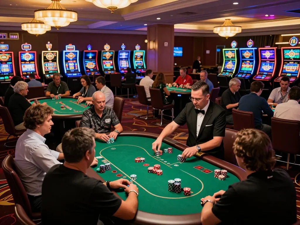 Players engaging at 58win poker tables in a lively casino setting with vibrant slot machines.