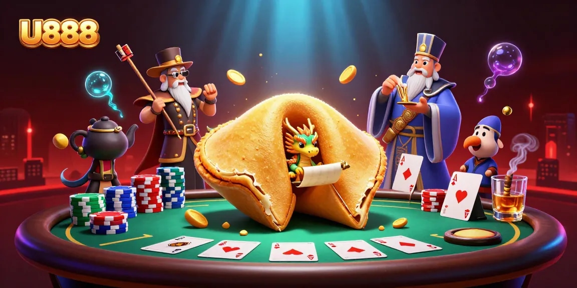 Experience the thrill of U888 with a dragon revealing secrets in a lively casino scene.