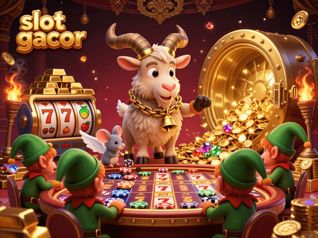 Spin slot gacor reels amidst a vibrant casino filled with gold treasures and mischievous gremlins.