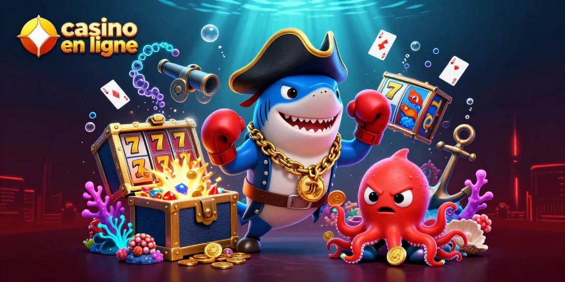 Intense scène de casino en ligne avec un requin pirate et un poisson-globe, entourée de trésors.