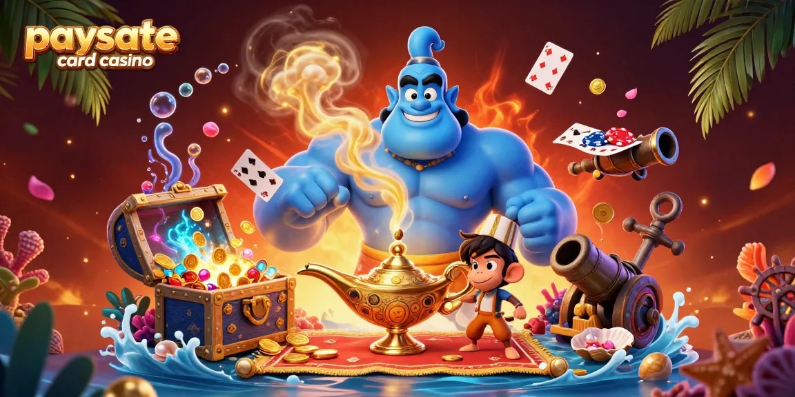 Betreten Sie die aufregende Welt der Paysafe Card Casinos mit lebendigen Bildern von einem Genie, einem Affen und Pokerchips.