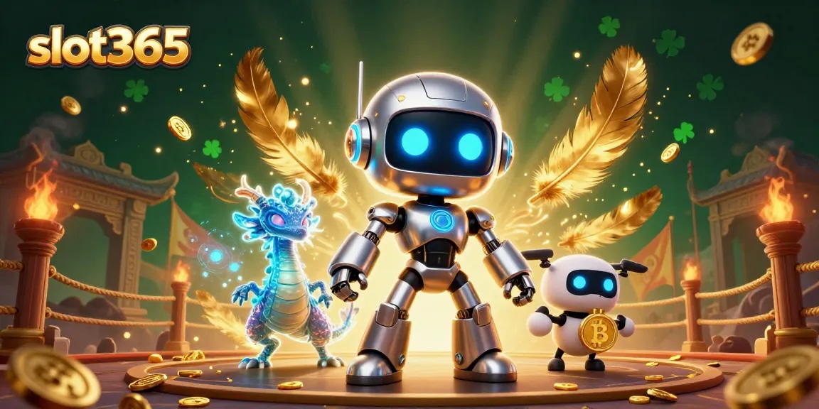 Engage with slot365's dynamic experience featuring a robot mascot, a holographic dragon, and casino elements.
