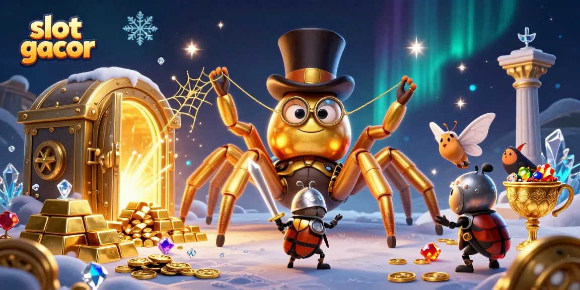 Engage with slot gacor through a vibrant 3D scene of a golden tarantula and beetle knight in a casino setting.