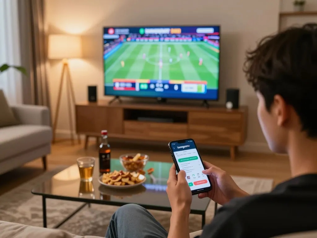 Engaging in live sports betting via luongsontv app on smartphone in a cozy home environment.