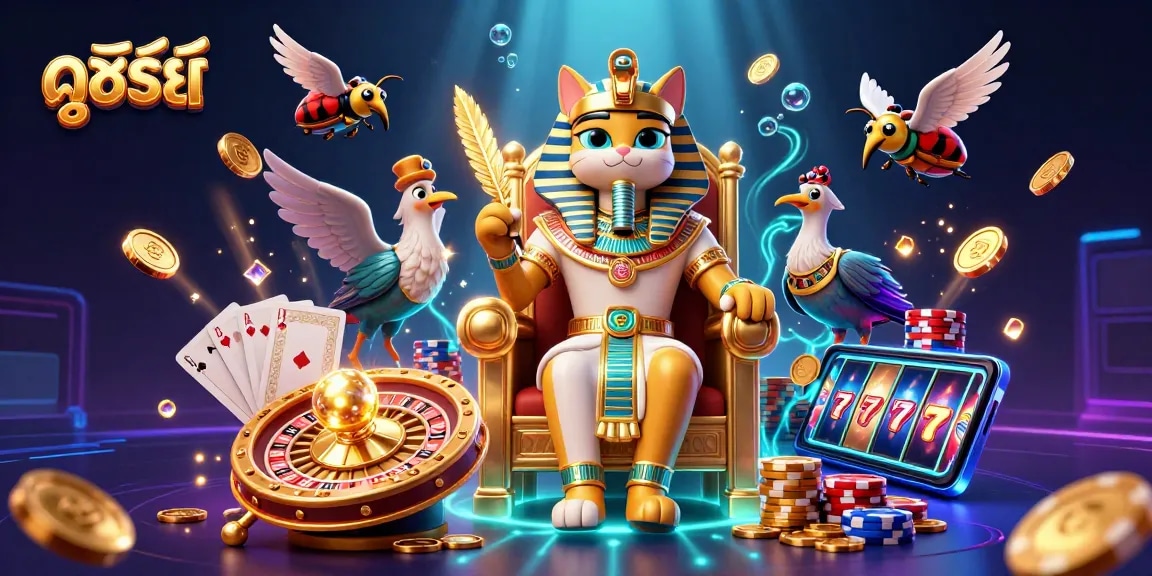 Engage in ดูซีรี่ย์ with vivid pharaoh cat and ibis scene packed with gold and casino elements.