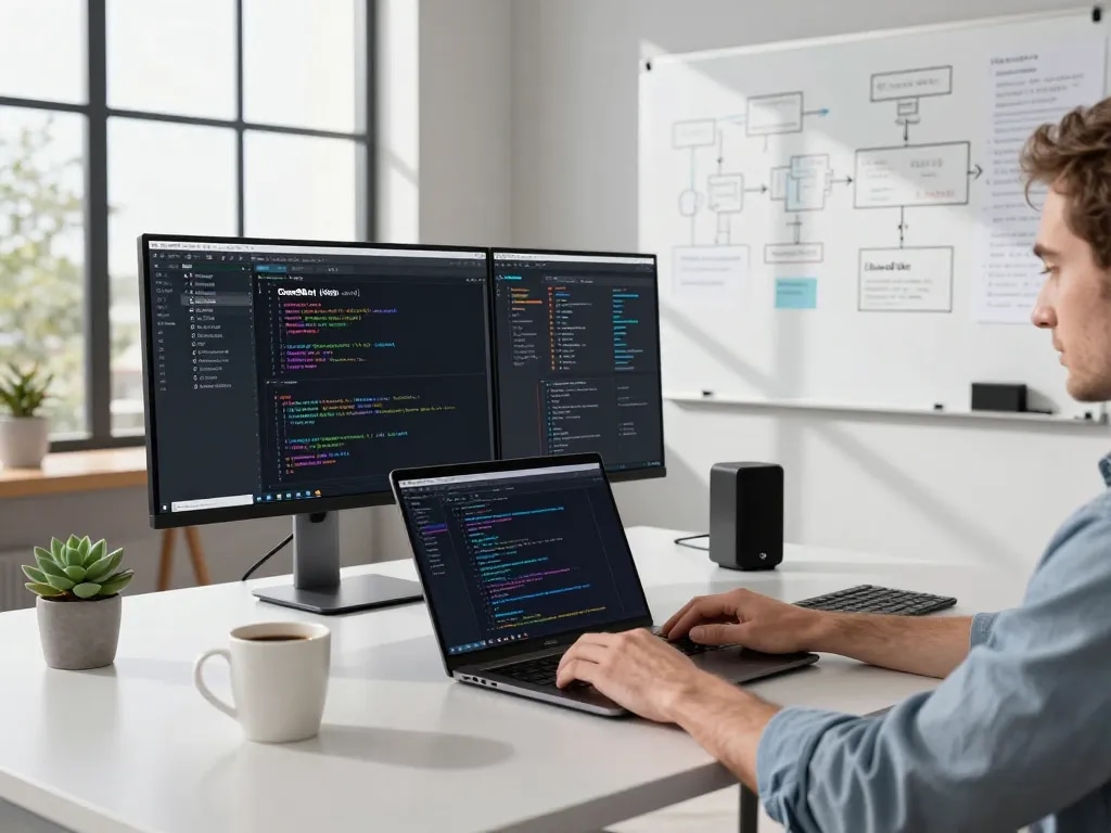 Developer using Clawdbot in a modern office workspace with dual monitors.