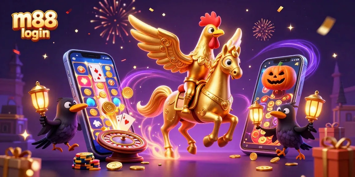 Experience the excitement of m88 login with vibrant golden rooster characters in a magical casino.