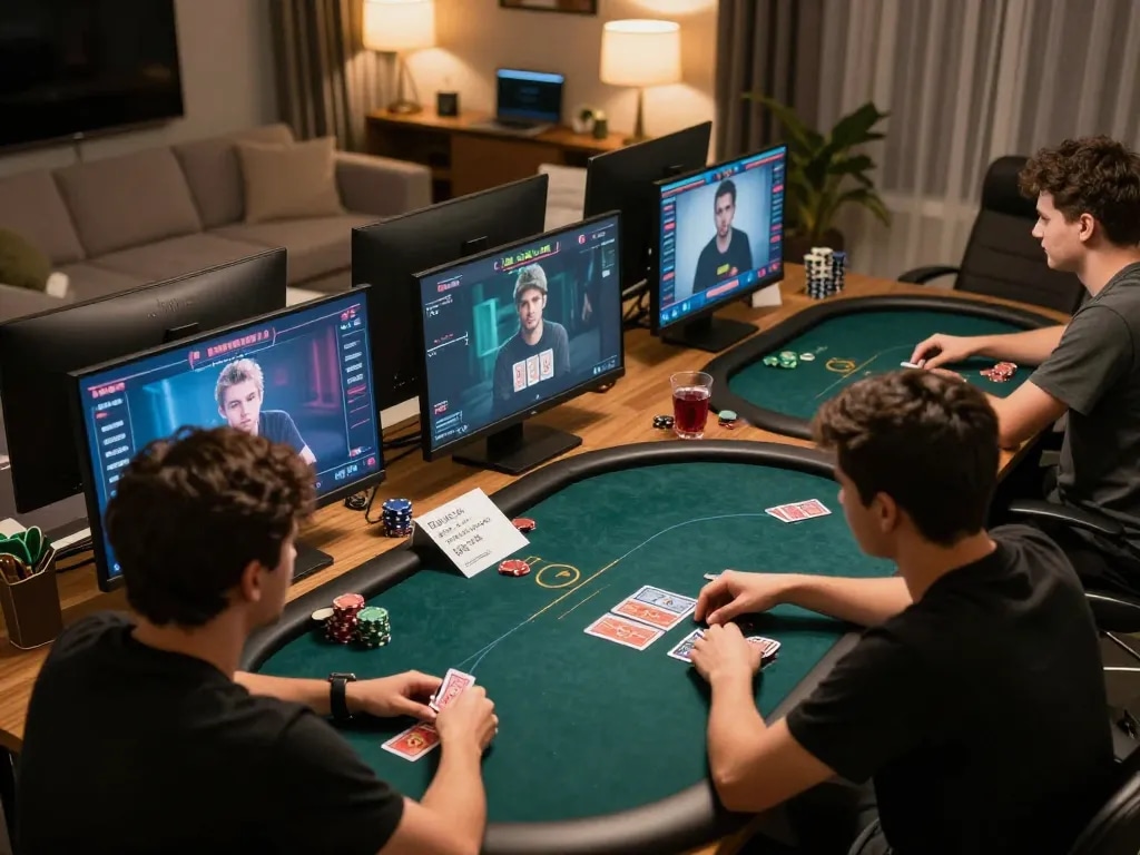 Engaged players strategizing in an online poker game at home, showcasing RR88 SELECT excitement.