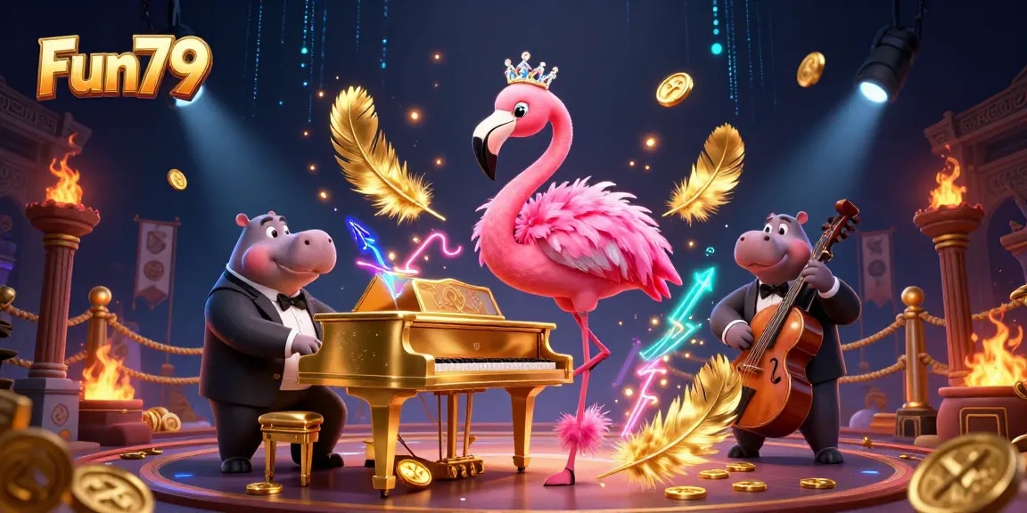 Experience Fun79's vibrant gaming scene filled with excitement, gold coins, and lively characters.