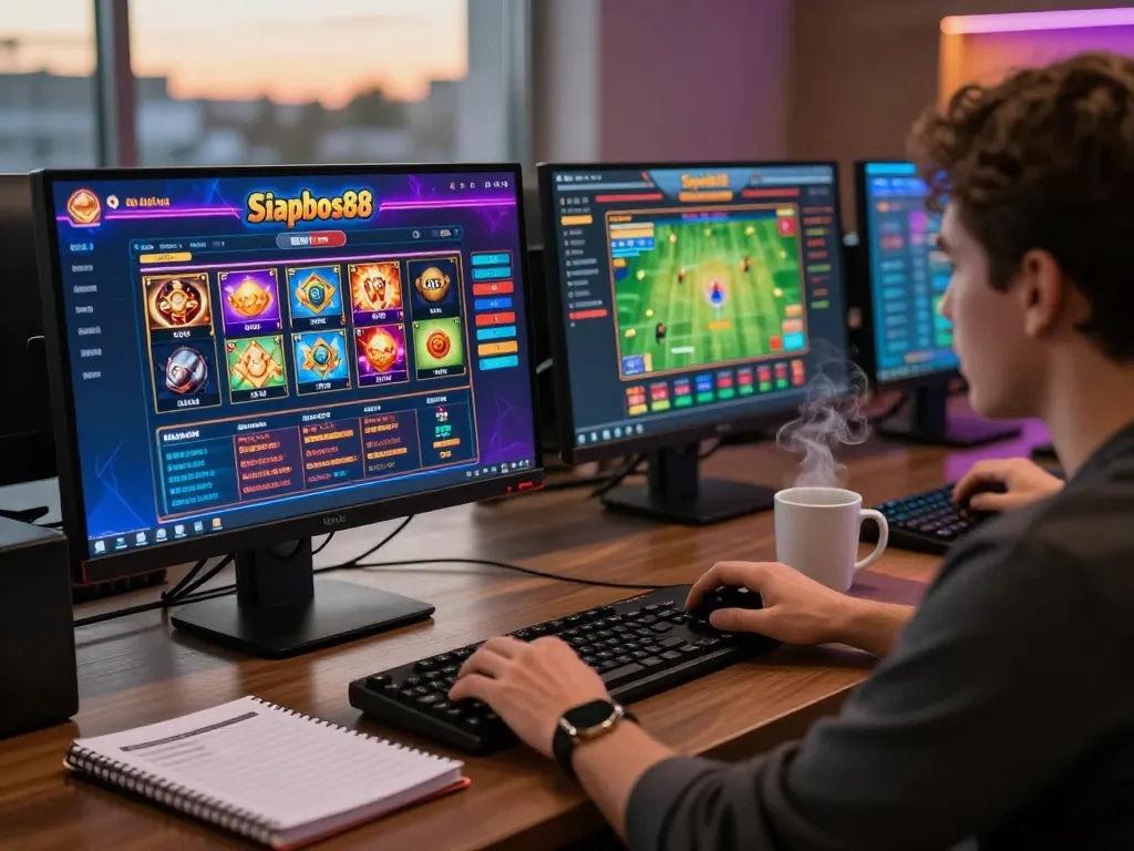 Engaged player using Siapbos88 online gaming platform for strategic betting decisions in a cozy home environment.