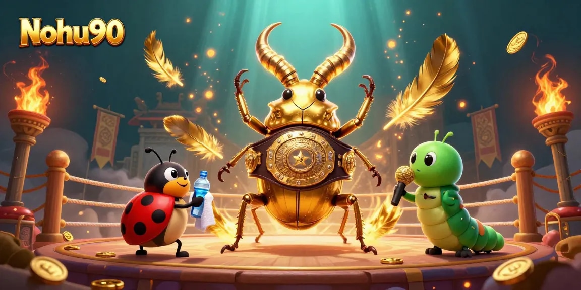 Nohu90 showcases vibrant casino atmosphere with a dynamic 3D illustration of battling characters and gambling elements.