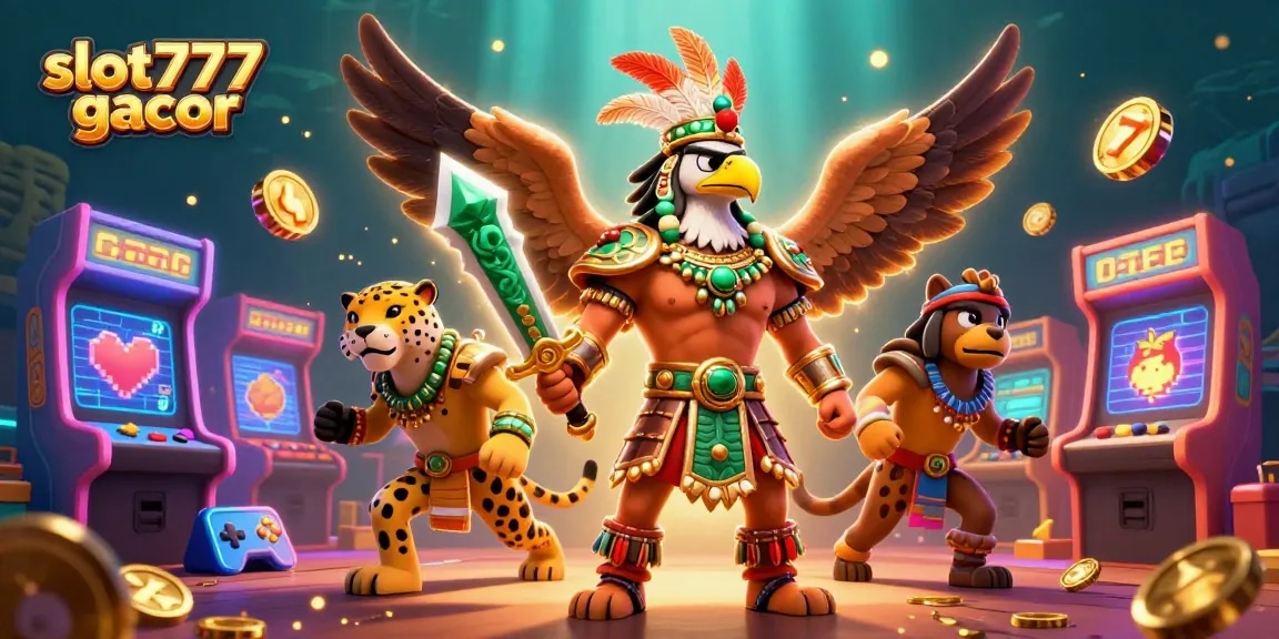 Permainan slot777 gacor yang menarik dengan warrior Aztec dan elemen kasino yang berkilau.