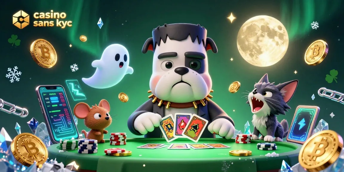 Jouer au casino sans KYC avec un bulldog monstre et des éléments de crypto au milieu d'une scène animée
