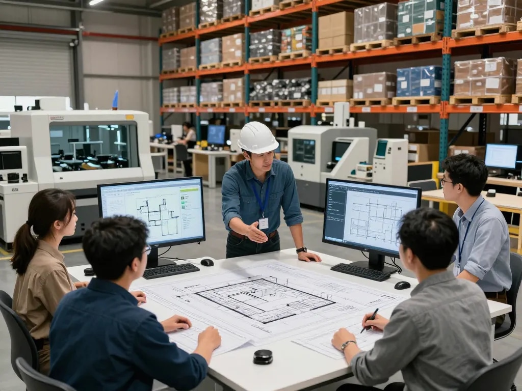 Architect discussing Warehouse Design layout in a modern, organized space with team members, showcasing advanced functionality.