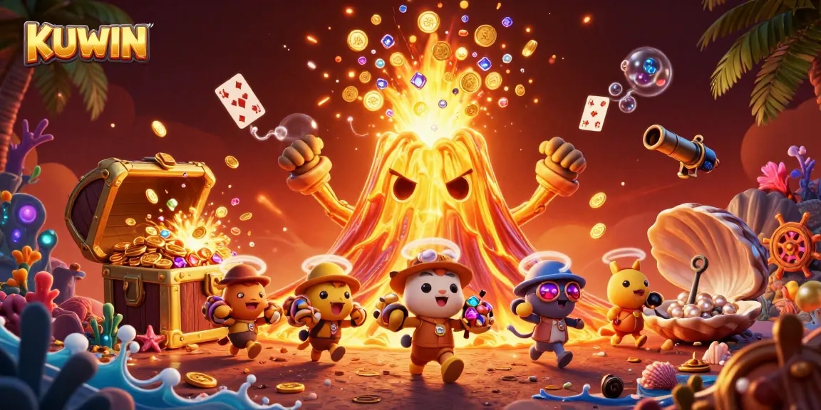 KUWIN promotes excitement with a golden volcano erupting treasure surrounded by vibrant casino elements.