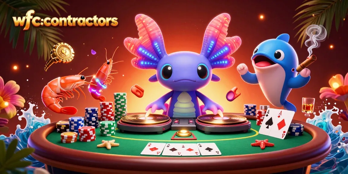 Engage with wfccontractors' vibrant casino scene featuring a neon axolotl DJ spinning golden records.