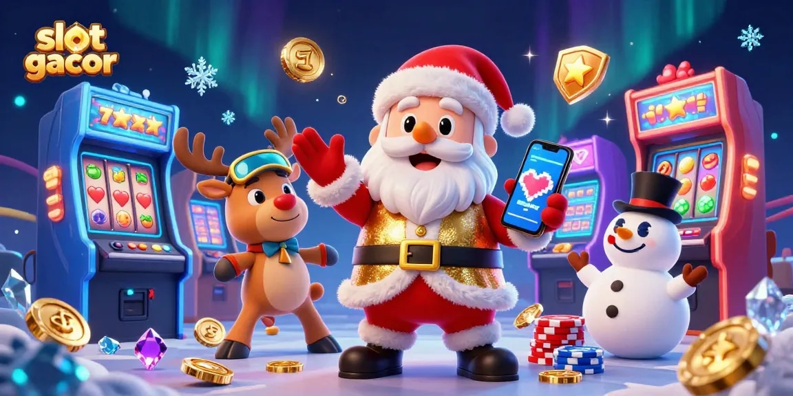Experience winning thrills with slot gacor, featuring animated Santa and casino fun in a vibrant scene.