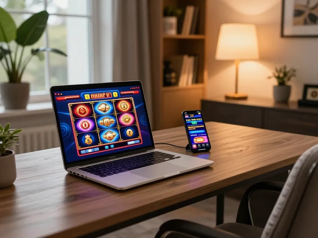 Engaging online casino experience with 888newcasino com displayed on a laptop, showcasing vibrant slot games.