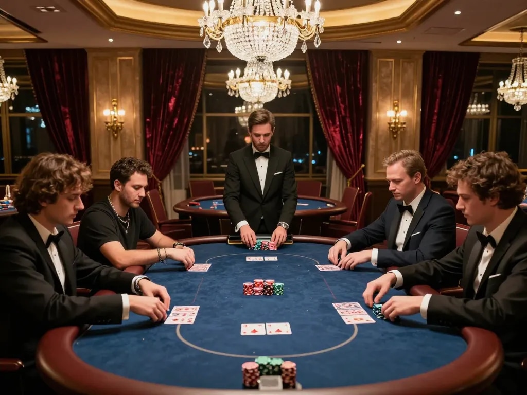 Players engaging in an intense game at the Rikvip VIP poker table in an upscale casino.