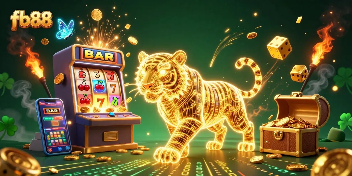 Win big with fb88 in a vibrant digital casino featuring a golden tiger and dynamic game elements.