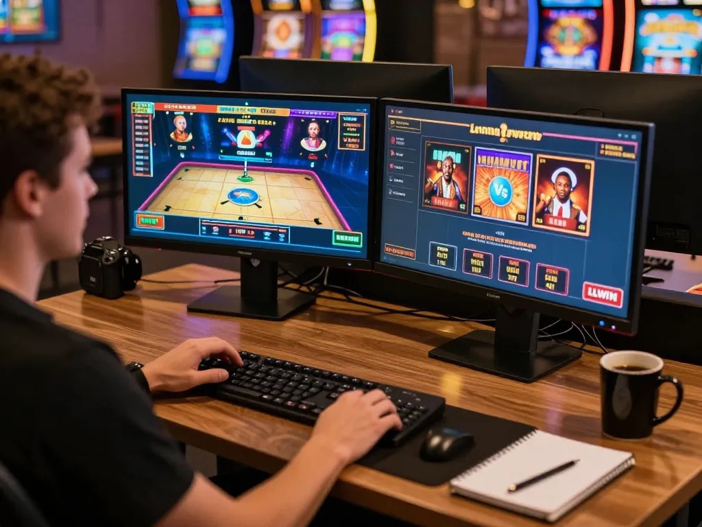 Engaging in online gambling on the LLWIN platform with vibrant game displays and an inviting setup.