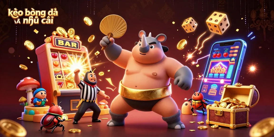 Engaging illustration of kèo bóng đá nhà cái showcasing a beetle sumo champion amidst a vibrant casino scene with flying coins and dynamic game elements.