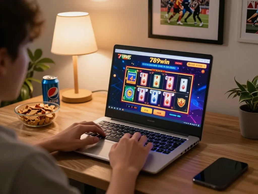 Engaging online gaming experience on 789win showcasing colorful casino games on a laptop in a cozy setting.