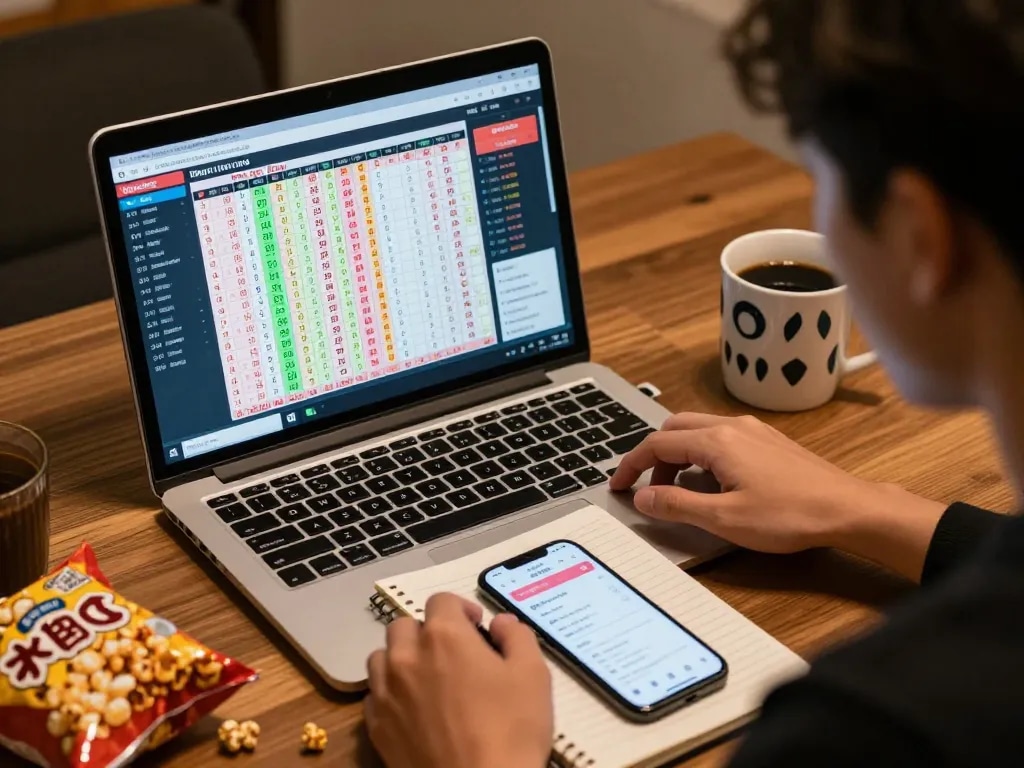Engaging bettor analyzing Data HK results on a laptop in a warm lighting environment.