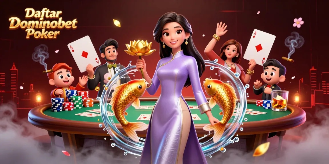Experience the thrill of Daftar Dominobet Poker with an elegant Asian woman, golden koi fish, and vibrant chips.