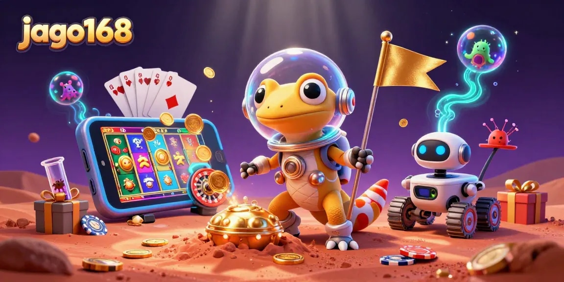 Experience the thrill of jago168 with a Martian gecko exploring a vibrant 3D casino scene.