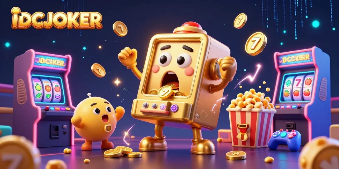 IDCJOKER slot machine hits jackpot while coins pour out, surrounded by cheering baby slots and arcade elements.