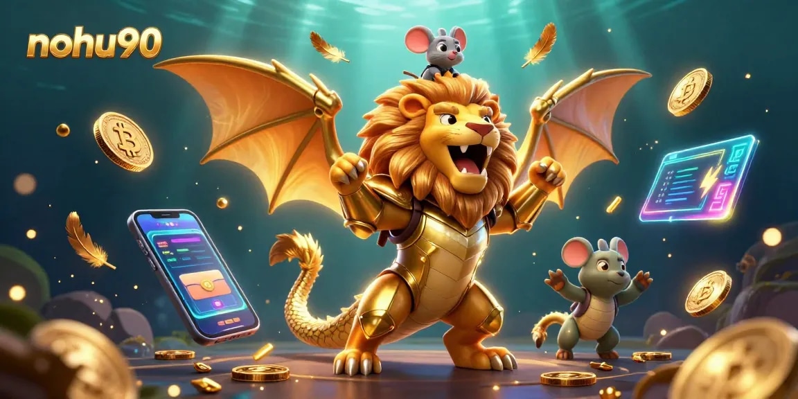 Spin thrilling jackpots at nohu90 with the golden chimera and cryptocurrency elements in a vibrant 3D casino scene.