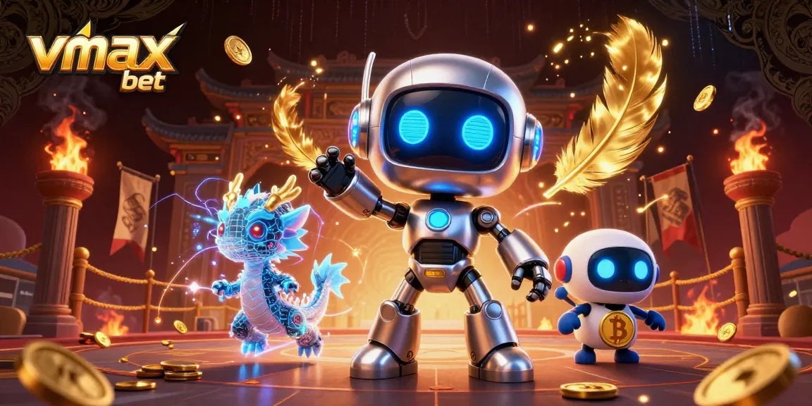 Experience vmax bet excitement with a dynamic robot mascot and holographic dragon in action.