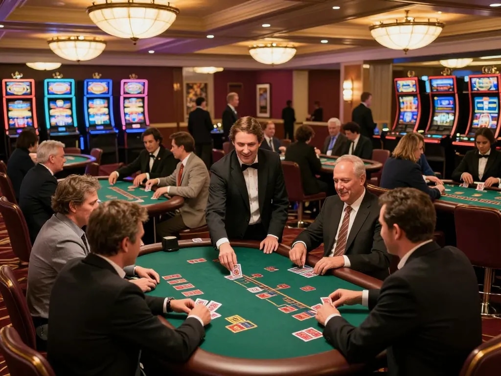 Engaged players at blackjack tables with a Palm Harbor Divorce Lawyer strategy on their minds, in a vibrant casino.