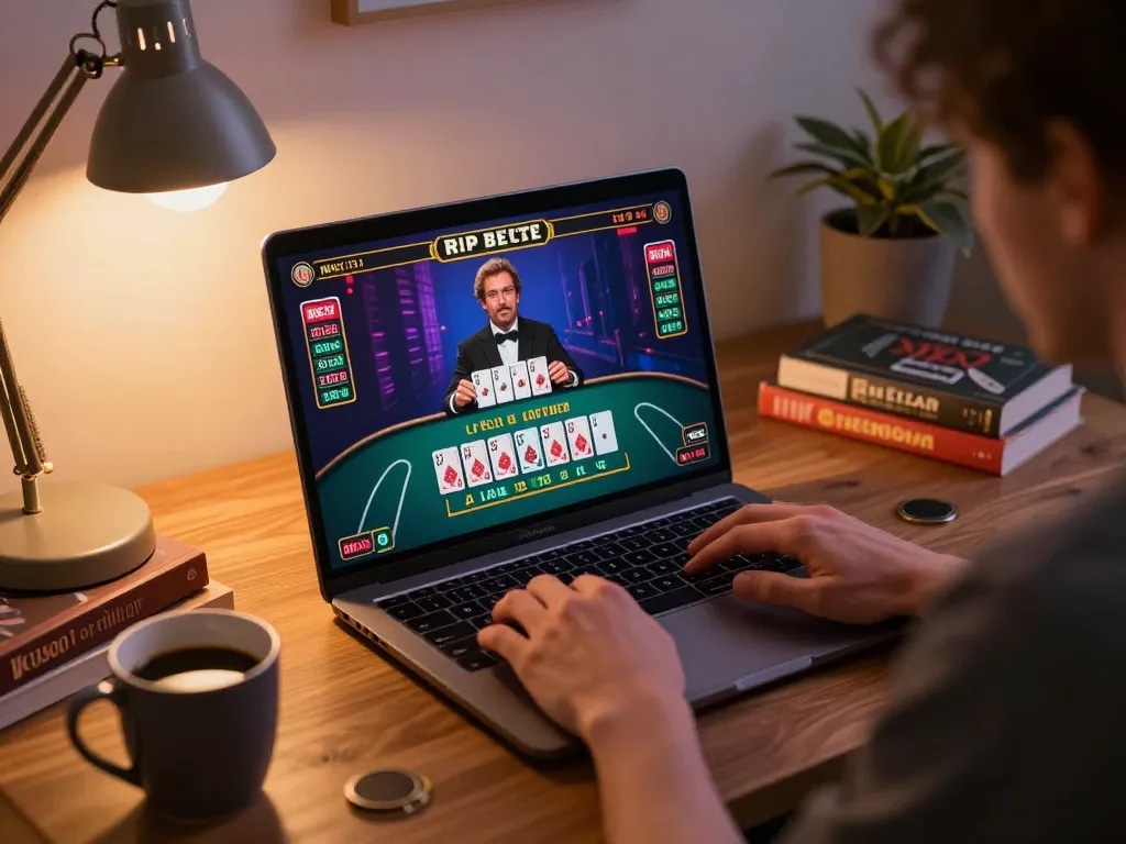 Engaging online blackjack gameplay on laptop showcasing strategic elements with sky88