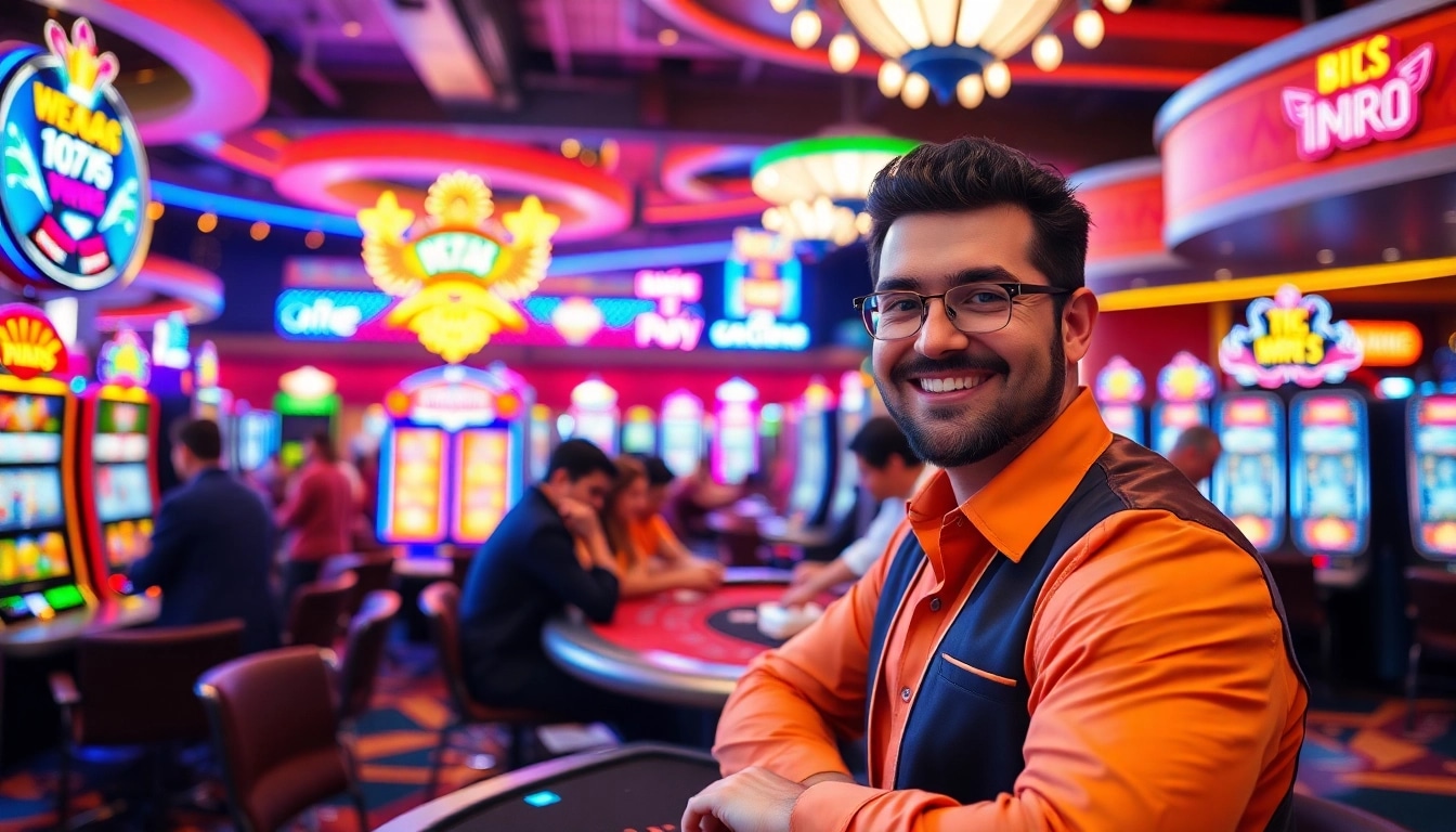 Engaging scene with a charismatic Vegas hero at the blackjack table in a lively casino.