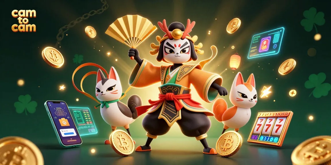 Engage in cam to cam experiences with a vibrant casino scene featuring lively characters and gold coins.