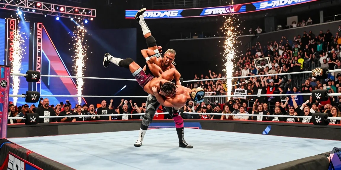 WWE SmackDown action featuring Randy Orton and Cody Rhodes in an electrifying wrestling match.