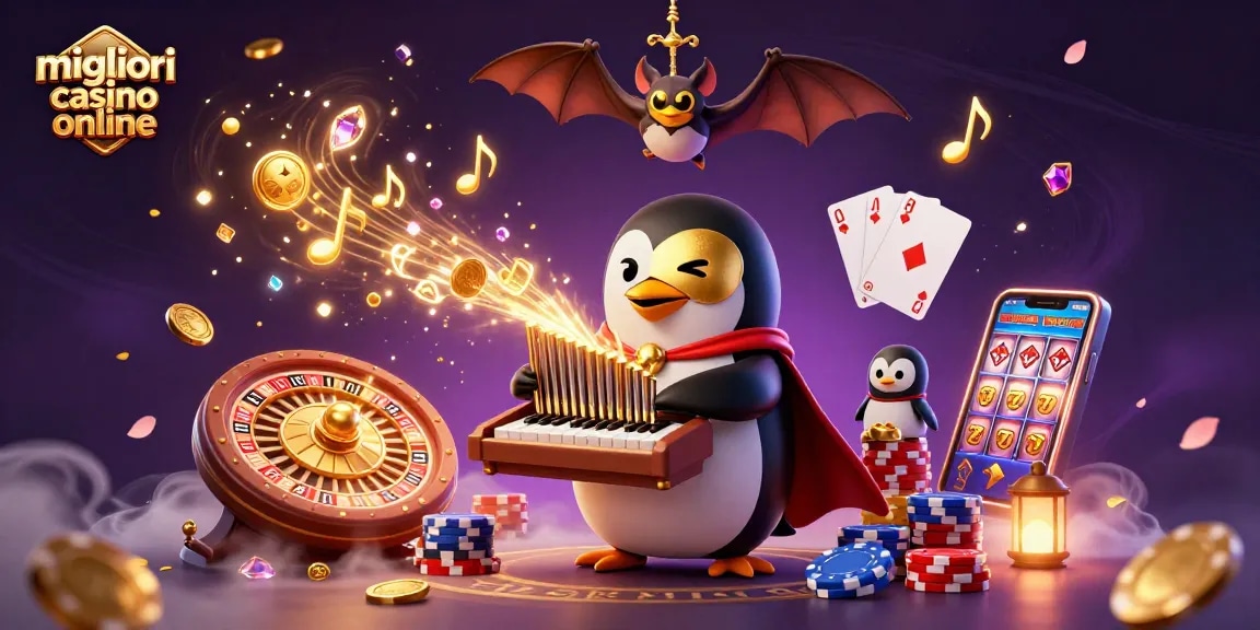 Scopri i migliori casino online attraverso una fantastica scena con un pinguino che gioca musicalmente.