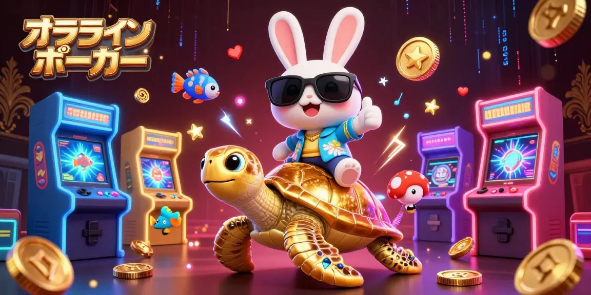 オンラインポーカーを楽しむかわいいラビットが金色のカメに乗っているイラスト