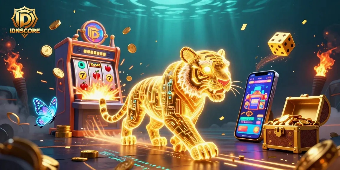 Play thrilling games at IDNSCORE with a golden tiger leading an energetic digital casino adventure.