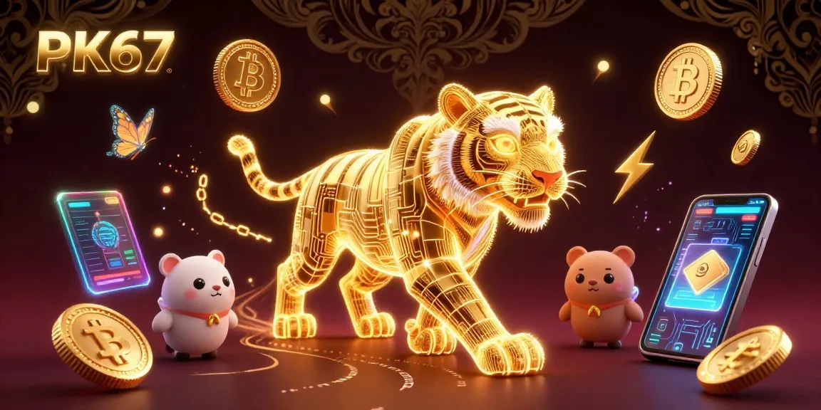 Experience the thrilling digital casino adventure of PK67 featuring neon golden tiger and crypto elements.