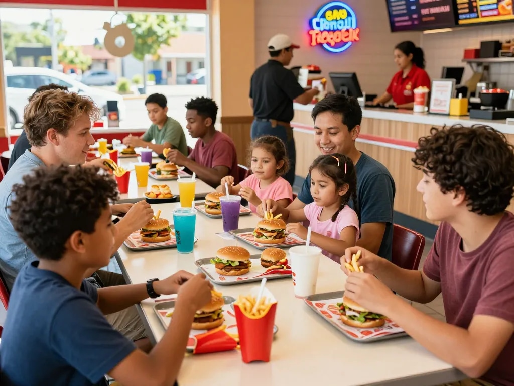 Fast food menu items enjoyed by friends in a lively restaurant setting.