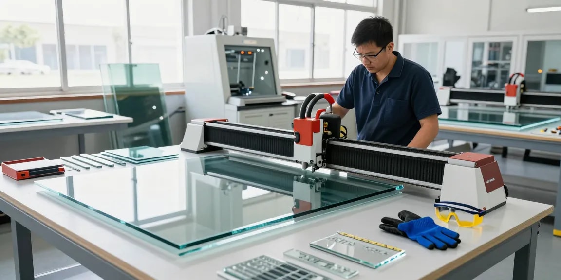 Technician using a glass cutting table in a modern processing workshop.